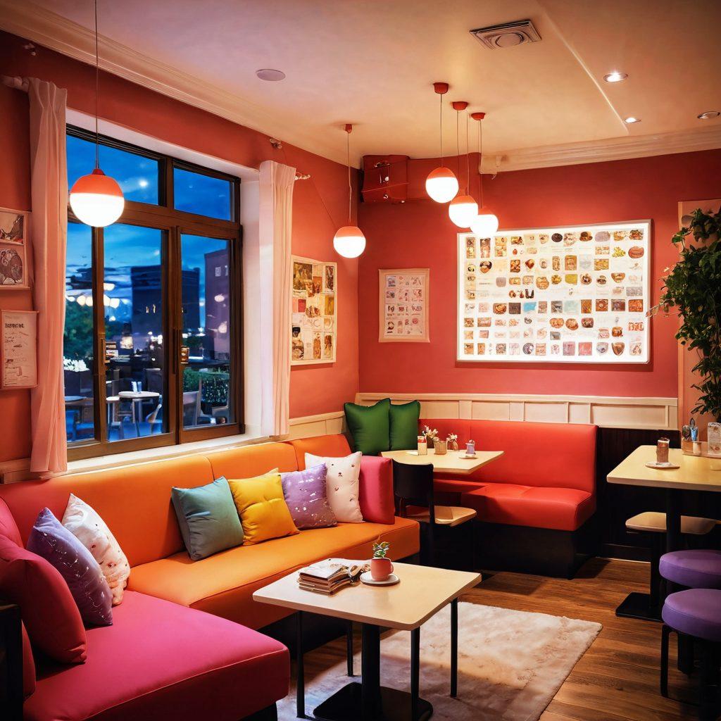 A whimsical scene showcasing a cozy anime café filled with colorful decor, where a diverse group of characters, each representing different romance tropes, engage in heartfelt conversations. Include visual elements like heart-shaped cushions, love letters on tables, and a backdrop of manga artwork. Soft, warm lighting sets the mood, creating an inviting atmosphere. The characters should embody various emotions, from shyness to joy, highlighting the depth of romance. vibrant colors. super-realistic.