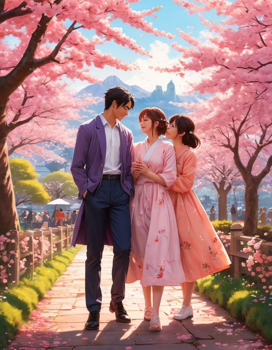 An enchanting scene depicting a group of diverse anime characters in a romantic setting, surrounded by cherry blossom trees with soft petals falling around them. Include elements like vibrant anime-style expressions, iconic symbols representing love, and dreamy backgrounds showcasing iconic cityscapes from popular romance series. The overall mood should be whimsical and heartwarming. colorful anime art style. vibrant colors. soft pastel background.