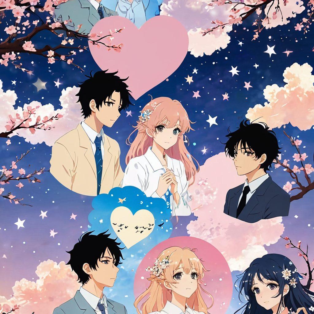 A whimsical collage of iconic romance anime characters, showcasing a range of emotions from joy to sorrow, set against a dreamy pastel background. Include elements like cherry blossoms, heart-shaped clouds, and shimmering stars to evoke feelings of love and heartbreak. The characters should be vividly expressive, representing various styles and moments in romance anime. Incorporate a soft glow around the scene. vibrant colors. painting.